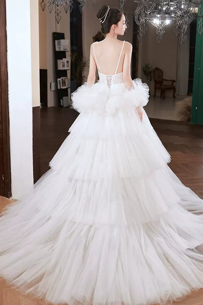 White Tulle Gorgeous V Neck Layered Long Prom Dresses, High Low White Formal Evening Dresses, Ball Gown WT1077