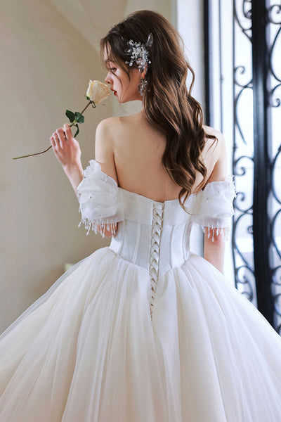 White Tulle Off the Shoulder Beaded Long Prom Dresses, Off Shoulder White Formal Evening Dresses, White Ball Gown WT1151