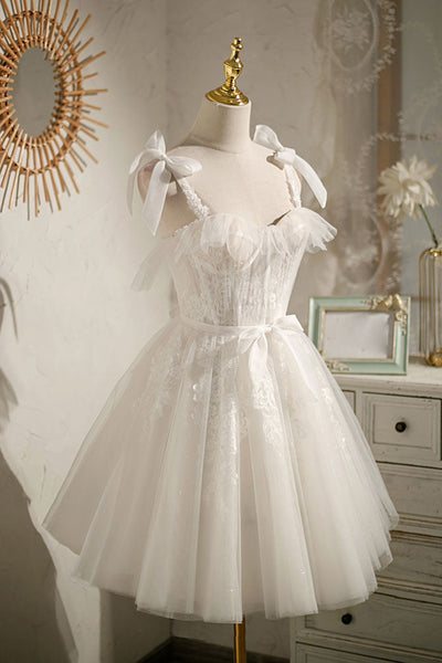 White Tulle Open Back Short Lace Prom Dresses, White Lace Homecoming Dresses, White Formal Evening Dresses WT1044