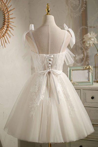 White Tulle Open Back Short Lace Prom Dresses, White Lace Homecoming Dresses, White Formal Evening Dresses WT1044