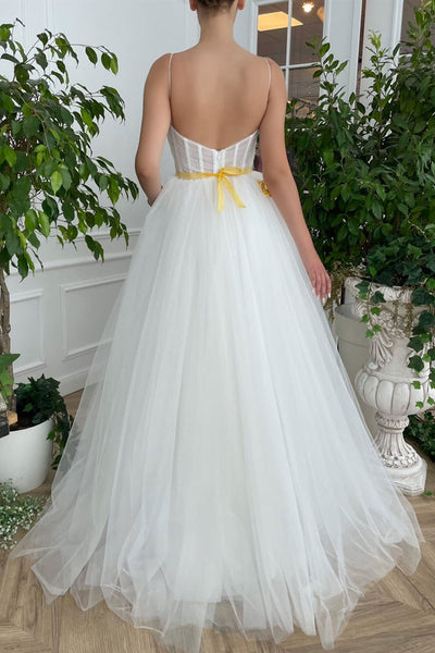 White Tulle Sweetheart Neck High Slit Long Prom Dresses with Golden Flowers, High Slit White Formal Dresses, Golden Floral White Evening Dresses