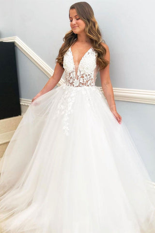 White Tulle V Neck Lace Long Prom Dresses, White Lace Formal Dresses, V Neck White Evening Dresses
