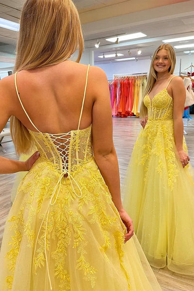 Yellow Lace V Neck Open Back Long Prom Dresses, Yellow Lace Formal Dresses, Yellow Evening Dresses WT1105