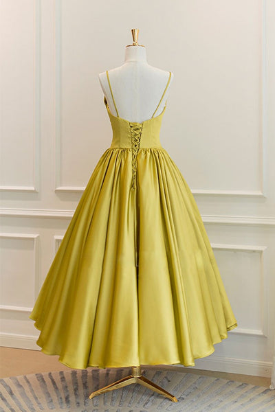 Yellow Satin Open Back Short Prom Homecoming Dresses, Open Back Yellow Formal Graduation Evening Dresses