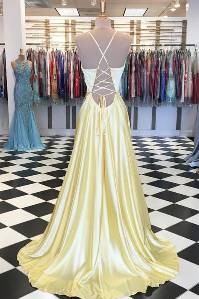 Yellow Satin V Neck Open Back Long Prom Dresses, V Neck Yellow Formal Dresses, Yellow Evening Dresses