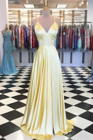 Yellow Satin V Neck Open Back Long Prom Dresses, V Neck Yellow Formal Dresses, Yellow Evening Dresses