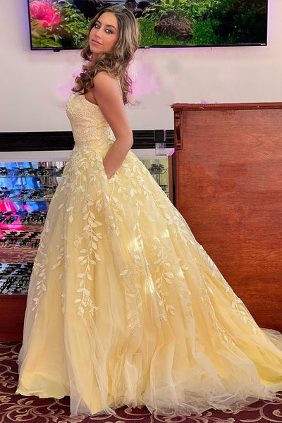 Yellow Tulle Open Back Lace Long Prom Dresses, Yellow Lace Formal Dresses, Yellow Evening Dresses WT1153