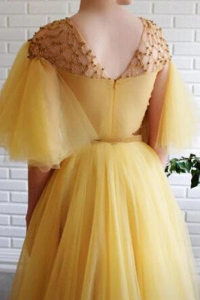 Yellow Tulle Round Neck Beaded Long Prom Dresses, Yellow Tulle Formal Graduation Evening Dresses