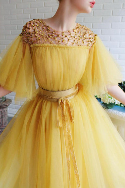 Yellow Tulle Round Neck Beaded Long Prom Dresses, Yellow Tulle Formal Graduation Evening Dresses