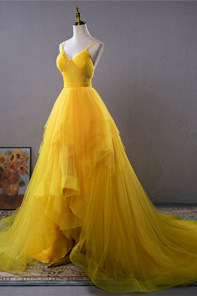Yellow Tulle V Neck Beaded High Low Long Prom Dresses, High Low Yellow Formal Dresses, Yellow Evening Dresses WT1036