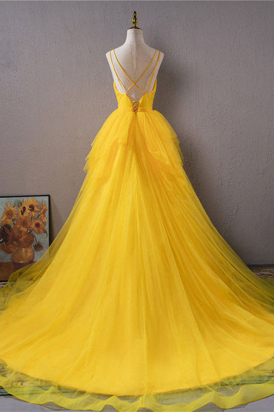 Yellow Tulle V Neck Beaded High Low Long Prom Dresses, High Low Yellow Formal Dresses, Yellow Evening Dresses WT1036