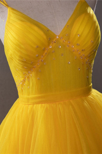 Yellow Tulle V Neck Beaded High Low Long Prom Dresses, High Low Yellow Formal Dresses, Yellow Evening Dresses WT1036